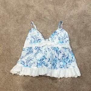 NEW Blue Floral Lace Trim Cami Top
